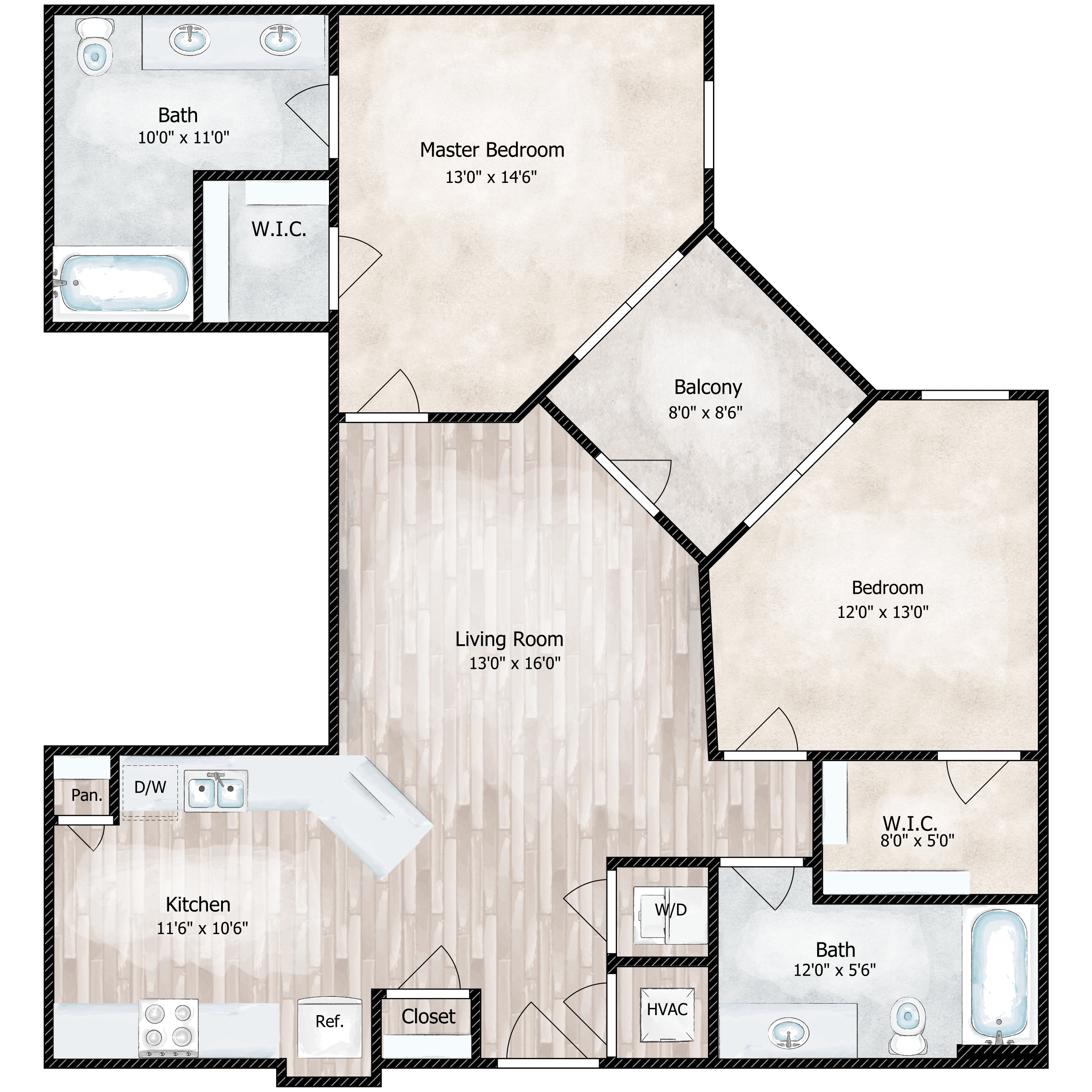 Floor plan for 2 beds, 2 baths, 998 sqft